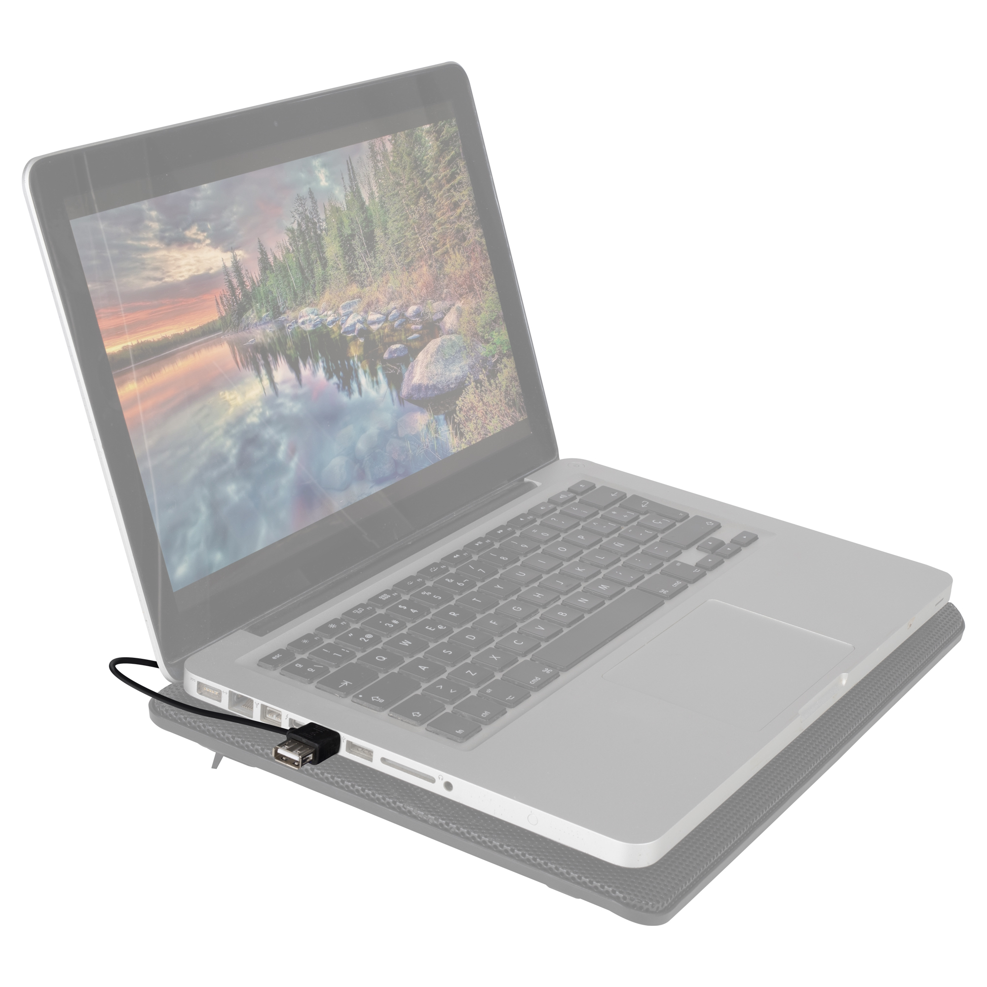 Laptop mit Landschaftsbild auf dem Bildschirm, verbunden mit einem USB-Kabel, auf einem grauen Pad.