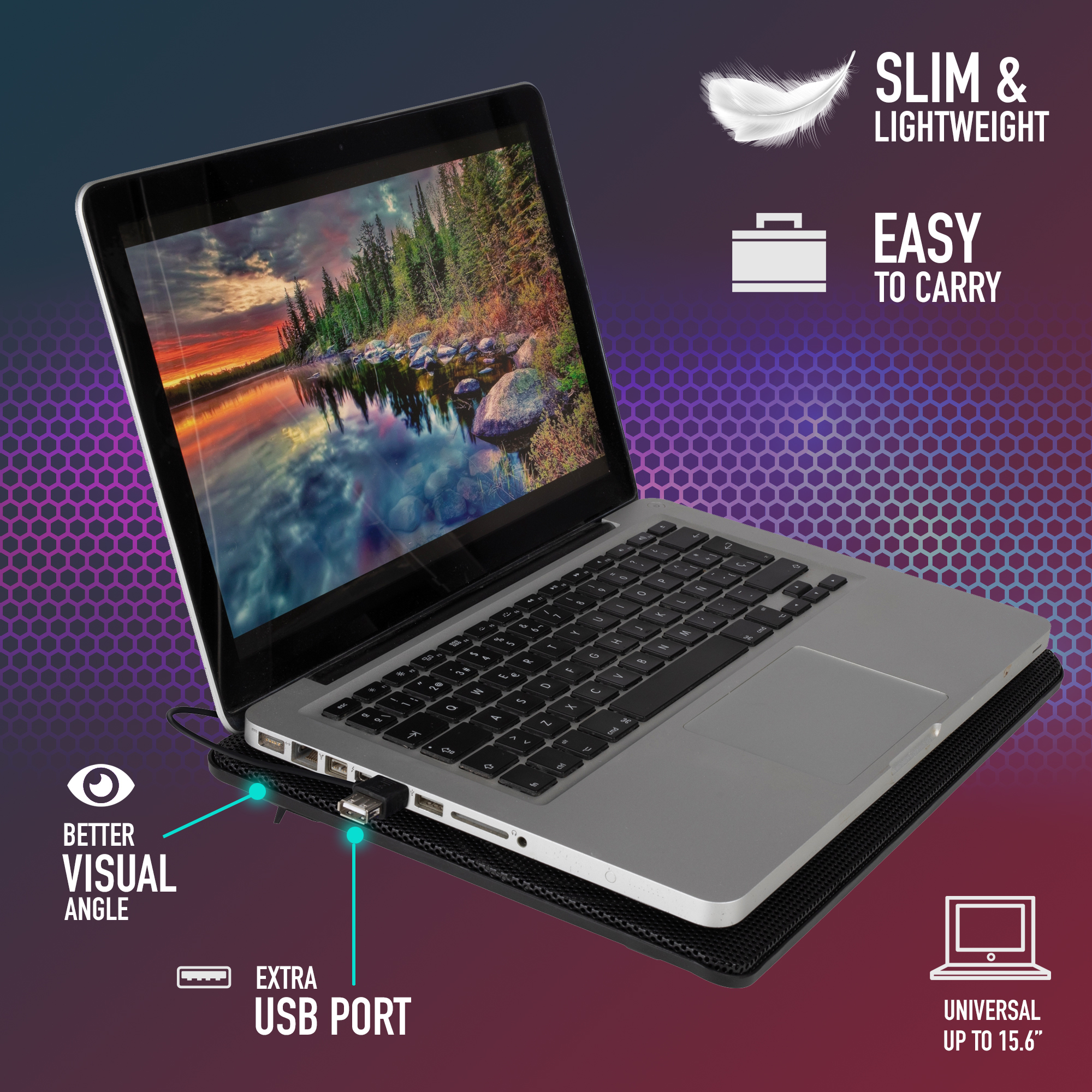 Laptop auf schwarzem Pad mit zusätzlichem USB-Anschluss. Zeigt Funktionen wie schlankes Design und besseren Blickwinkel. Hintergrund ist lila.