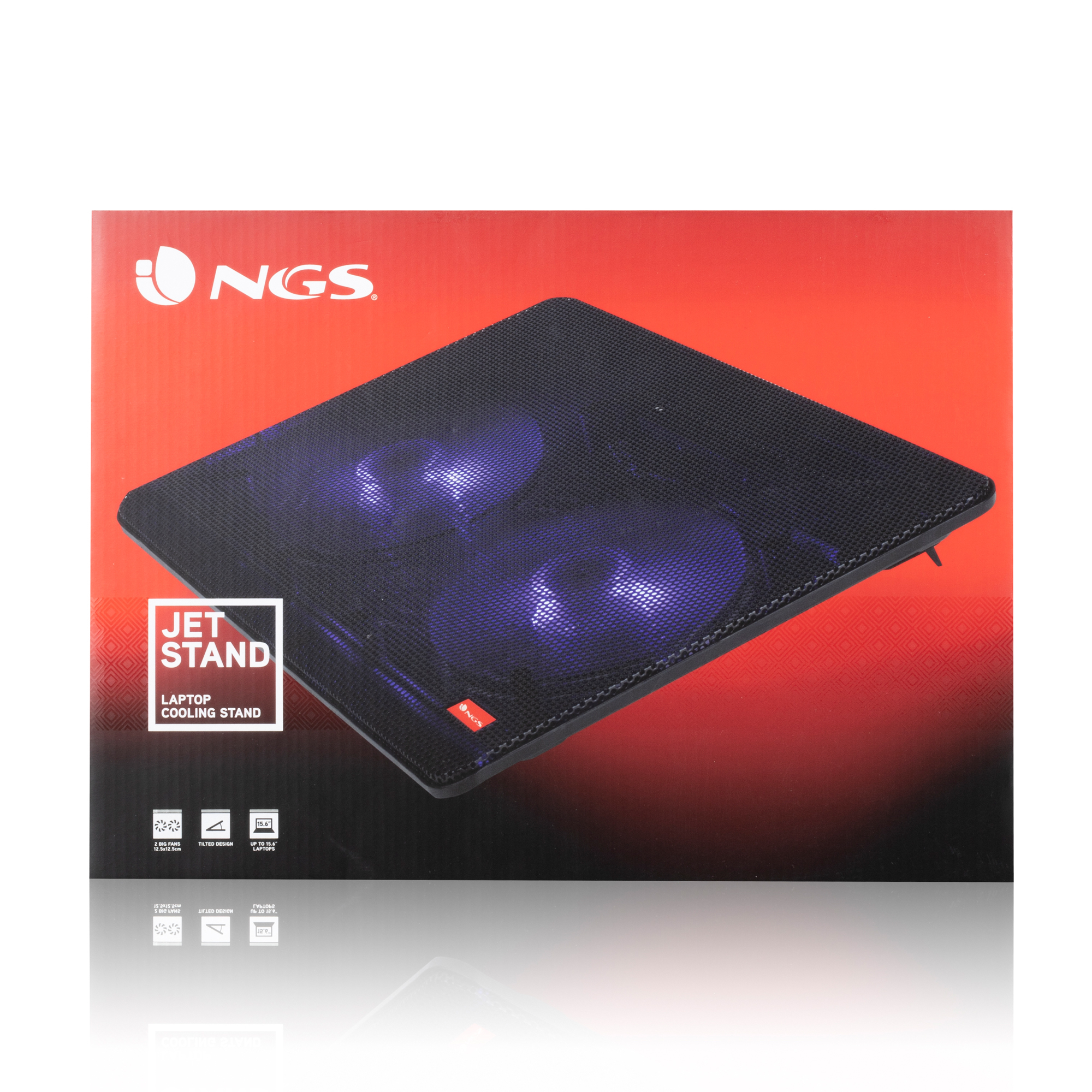 Laptop-Kühlständer auf rotem Hintergrund mit der Marke NGS. Er hat Lüfter und ein geneigtes Design. Der Ständer ist schwarz.