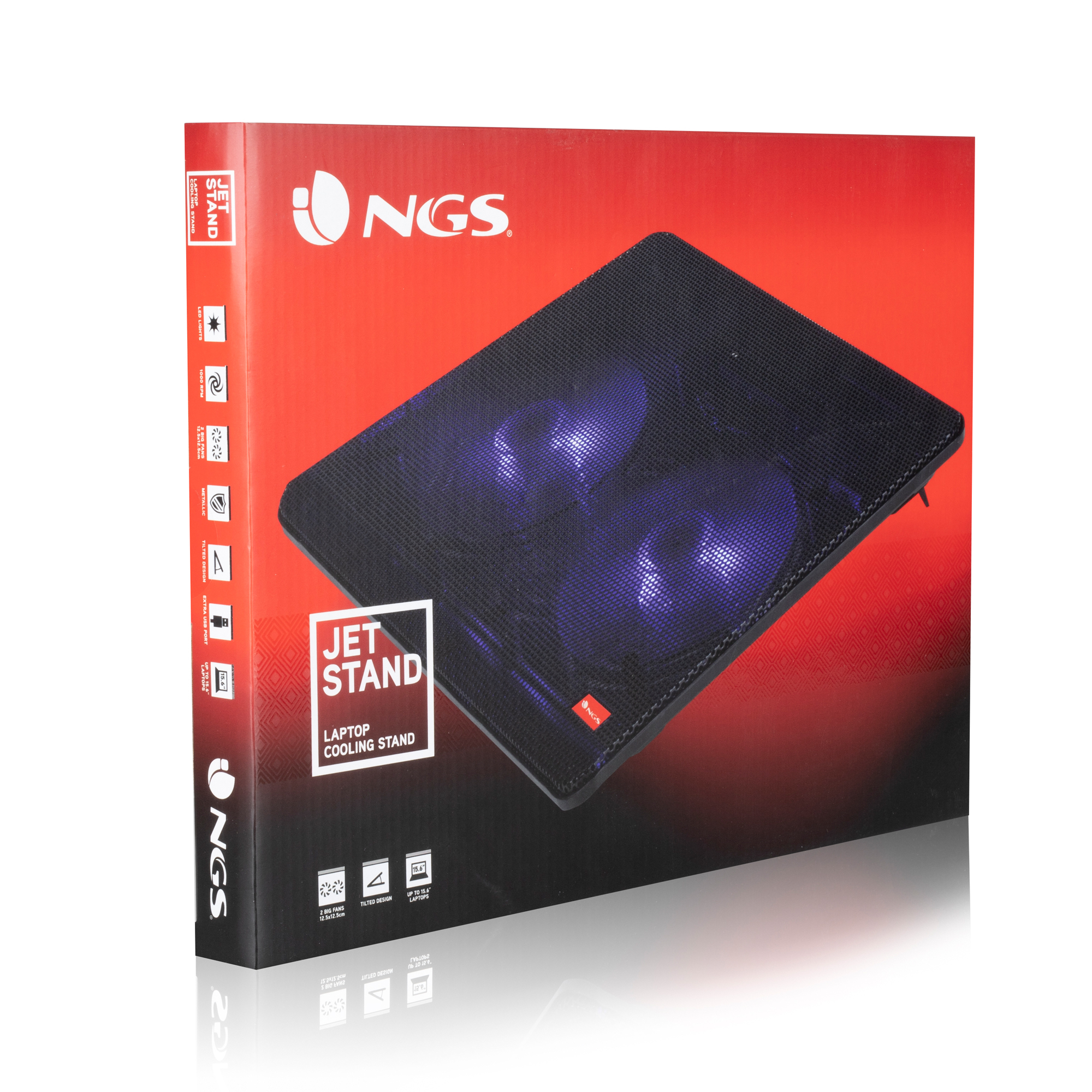 Eine Laptop-Kühlstand-Box. Die Box ist rot und schwarz, mit der Marke NGS. Der Ständer hat eine schwarze Netzoberfläche.