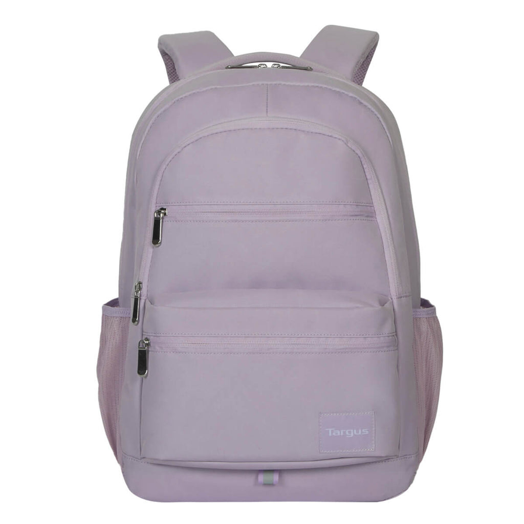 Uno zaino lavanda su sfondo bianco. Ha scomparti con cerniera, maniglia superiore e tasche laterali in rete.