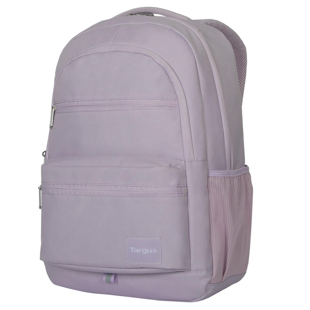 Uno zaino Targus lavanda con più scomparti con cerniera e una tasca laterale in rete, su sfondo bianco.