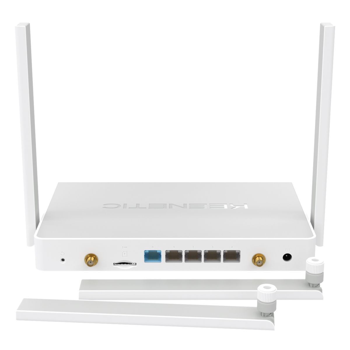 Router Keenetic blanco con antenas y soportes separados. Puertos visibles en el frente.