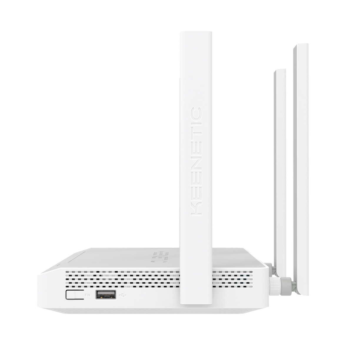 Un enrutador Keenetic blanco, vista lateral, que muestra tres antenas. El enrutador tiene puertos y ventilaciones. La palabra Keenetic está en la antena grande.