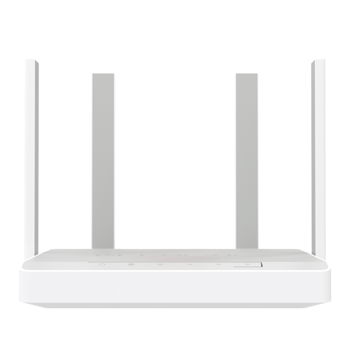 Un router blanco con cuatro antenas. El frente tiene varias luces indicadoras y botones. El fondo es blanco.