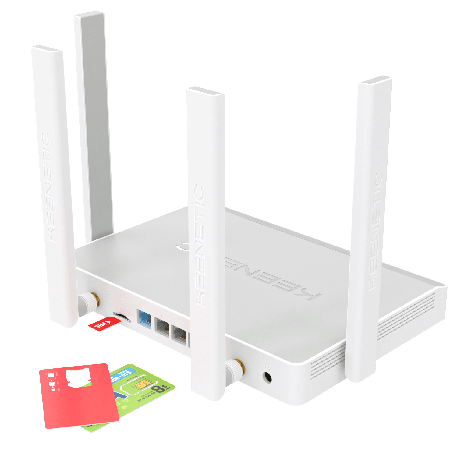 Un enrutador Keenetic blanco con antenas, una tarjeta SIM roja y una tarjeta SIM verde sobre un fondo blanco.