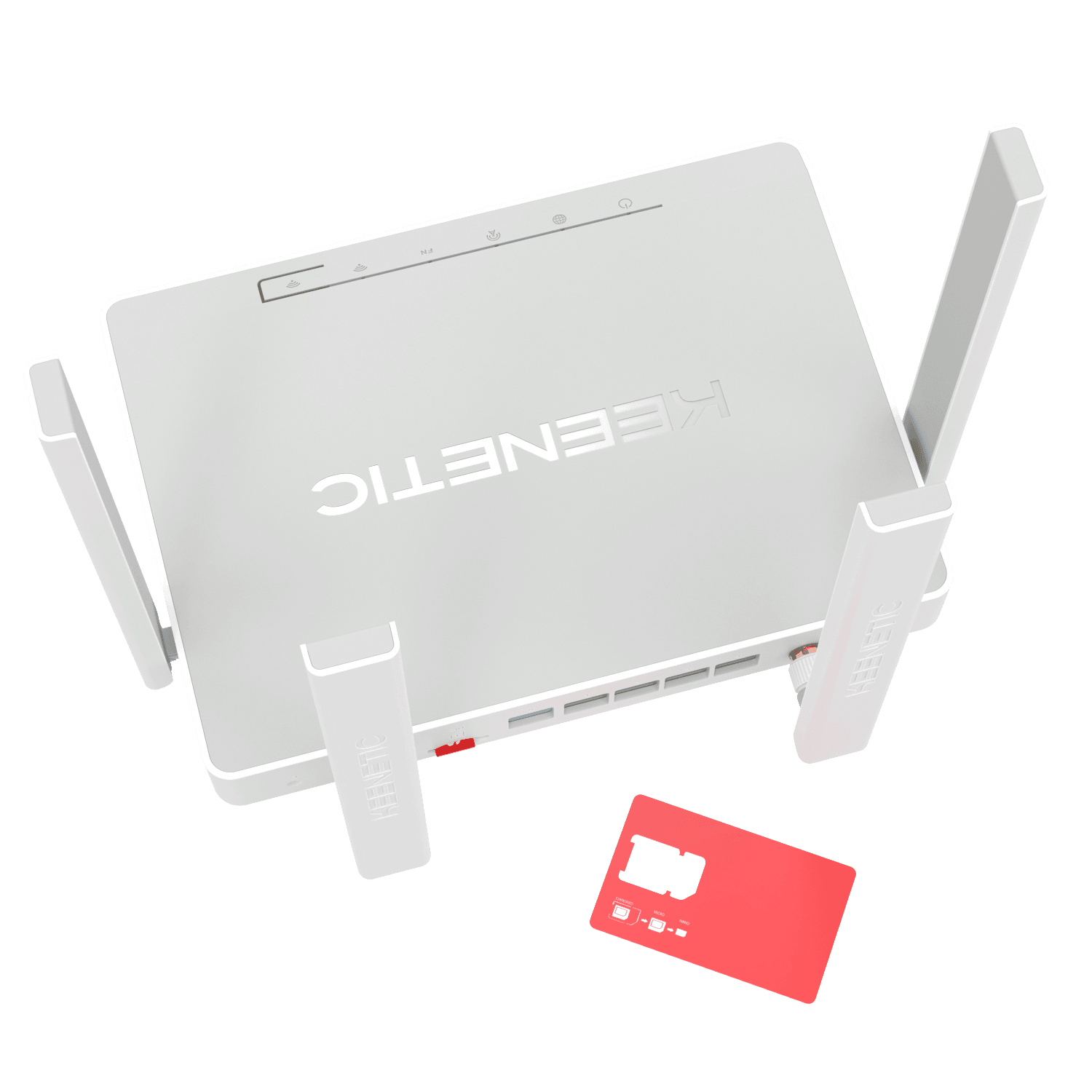 Un router Keenetic blanco con antenas y una tarjeta SIM roja, sobre un fondo blanco.