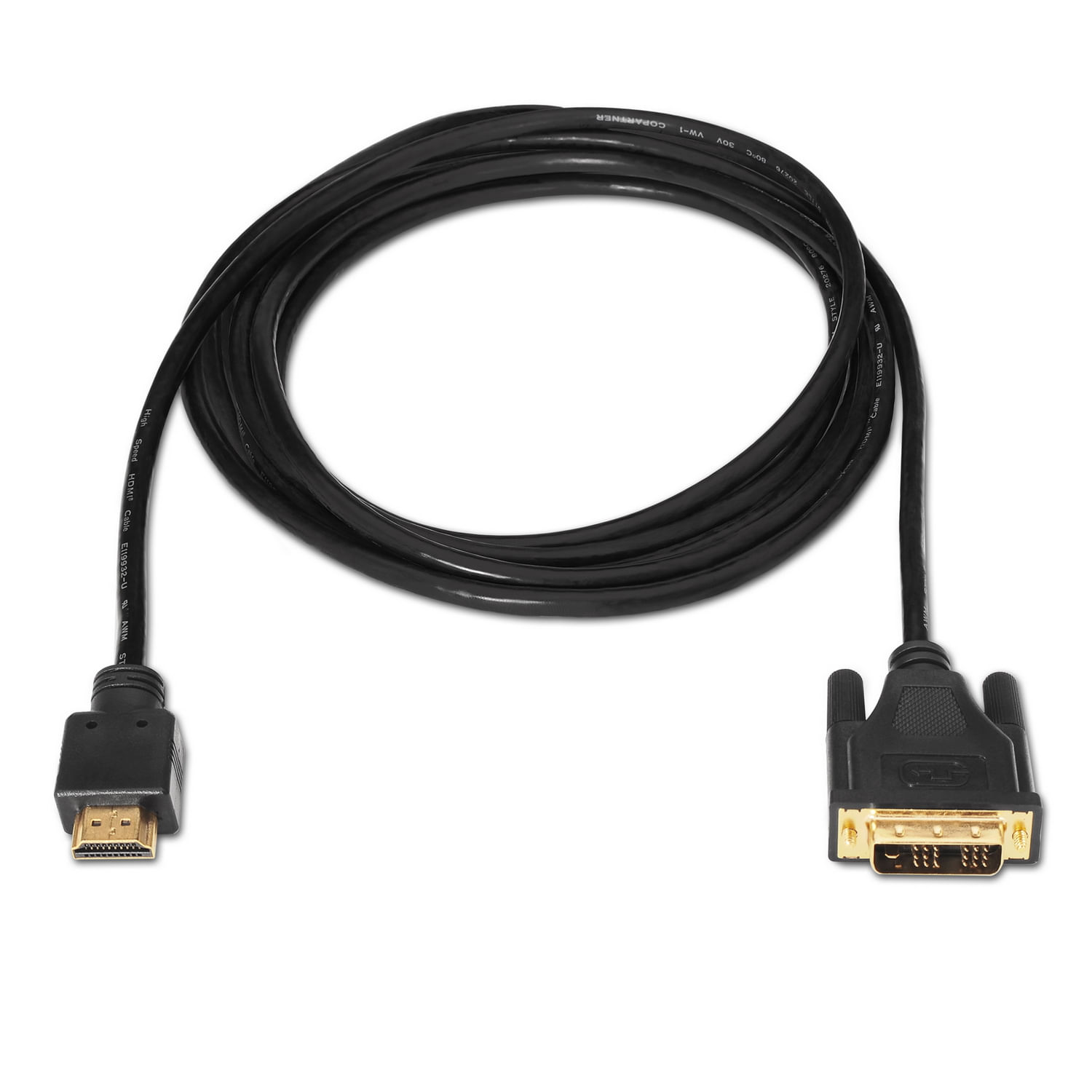 Czarny kabel HDMI do DVI na białym tle. Złącza na każdym końcu. Kabel jest pętlą.
