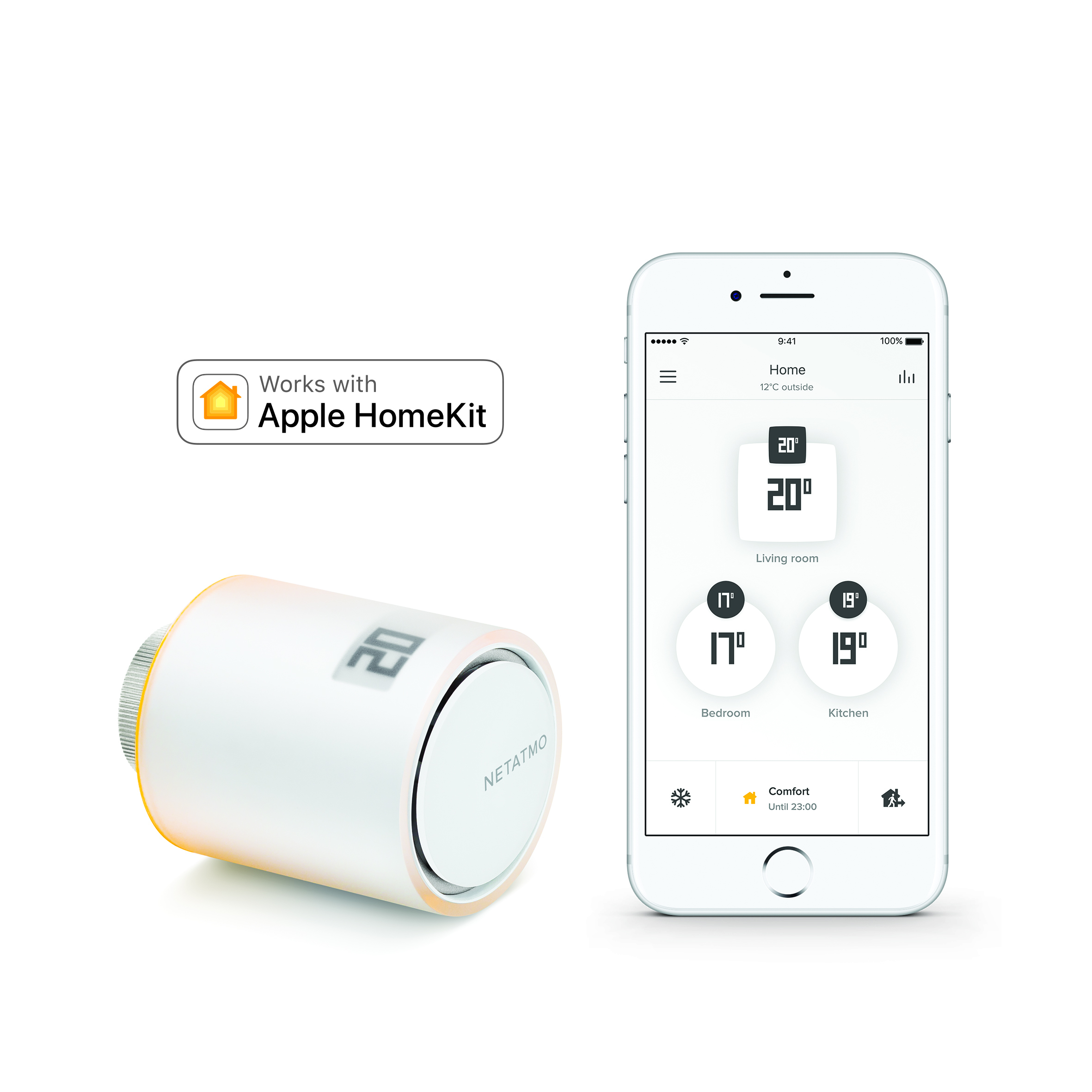 A white Netatmo smart thermostat next to a phone showing the app interface. The device is compatible with Apple HomeKit.