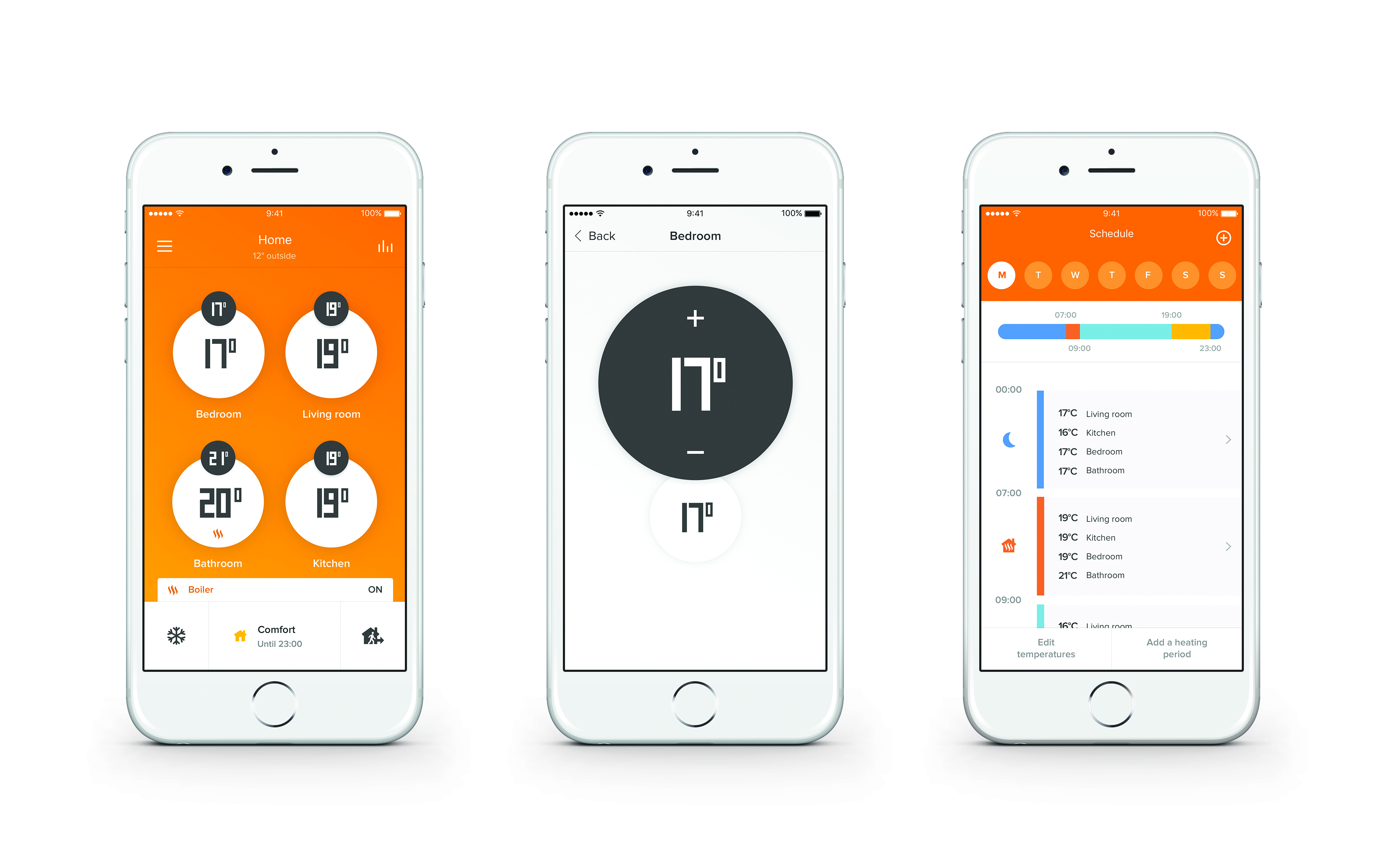 Three smartphones displaying a home heating app interface with temperature controls and scheduling options.
