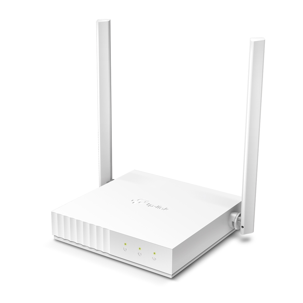 Biały router TP-Link z dwiema antenami. Ma trzy zielone kontrolki na przednim panelu. Router jest na białym tle.