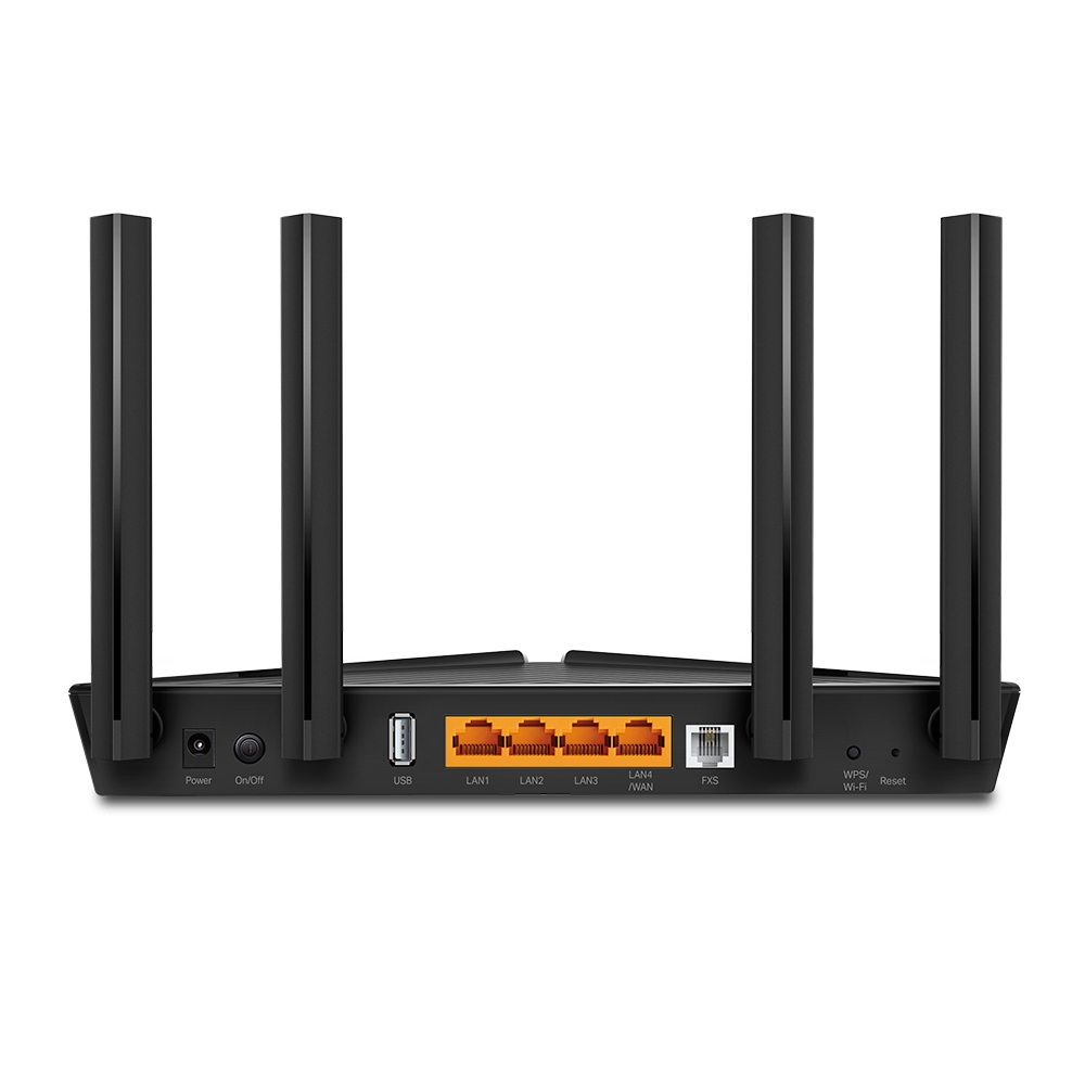 Czarny router z czterema antenami. Posiada porty USB, LAN i FXS. Widoczne są przyciski zasilania, włącz/wyłącz, WPS/Wi-Fi i reset.