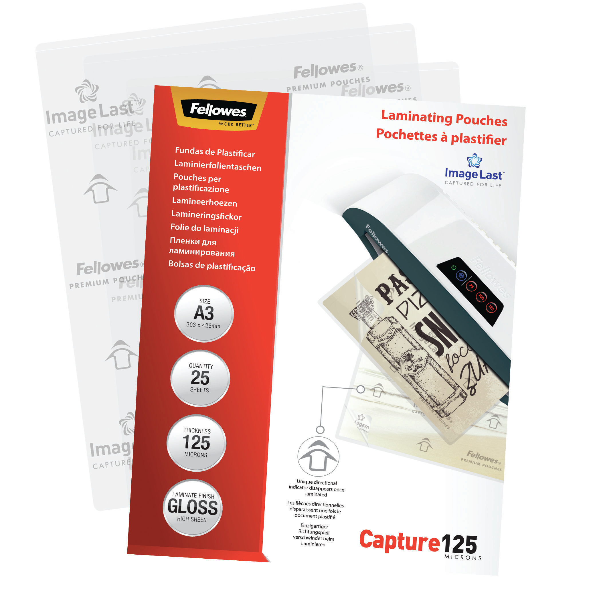 Das Bild zeigt Laminierfolien von Fellowes. Die Verpackung enthält Produktdetails und eine Laminatorgrafik.