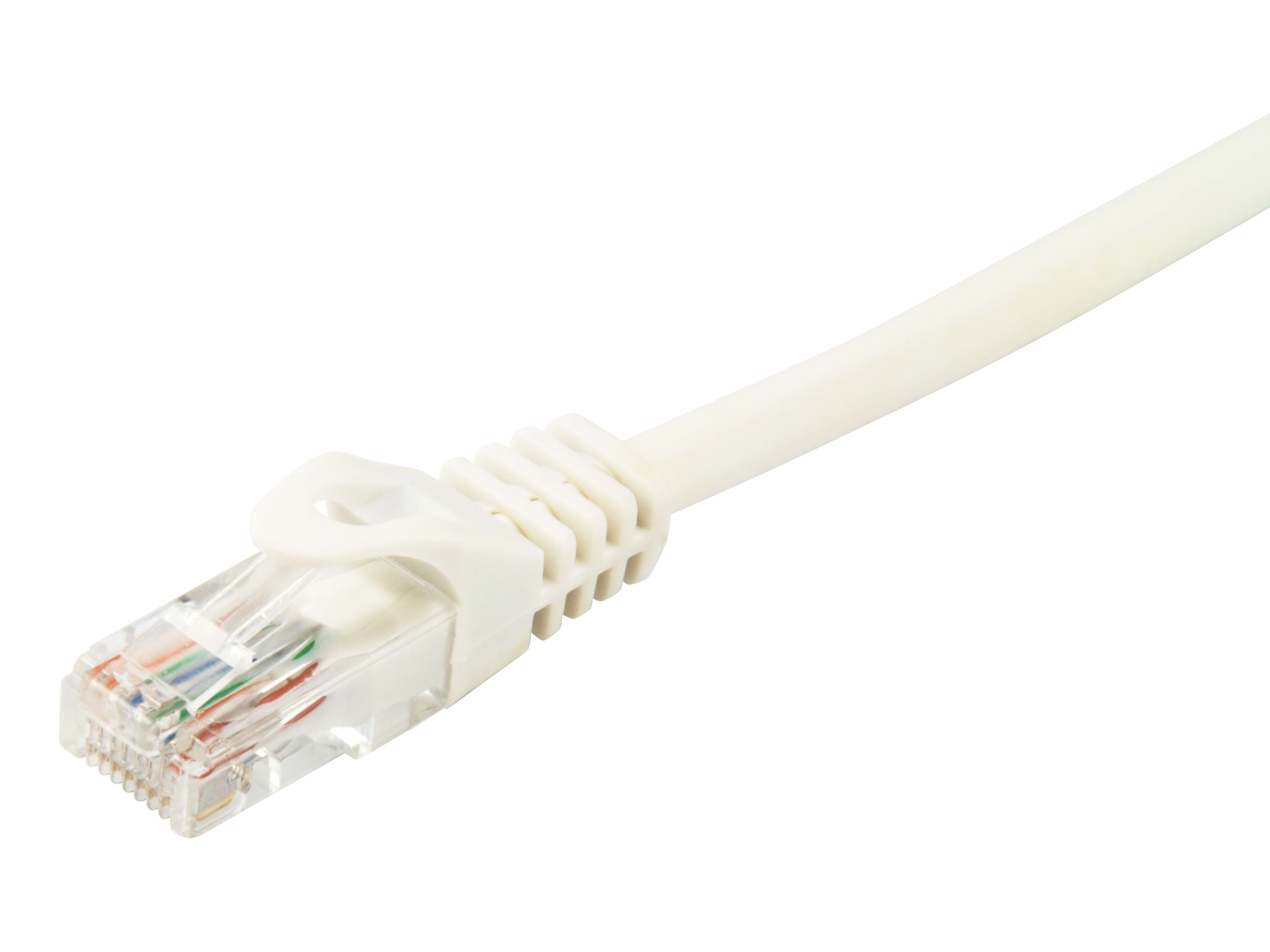 Biały kabel Ethernet z przezroczystym złączem. Widoczne kolorowe przewody wewnątrz.