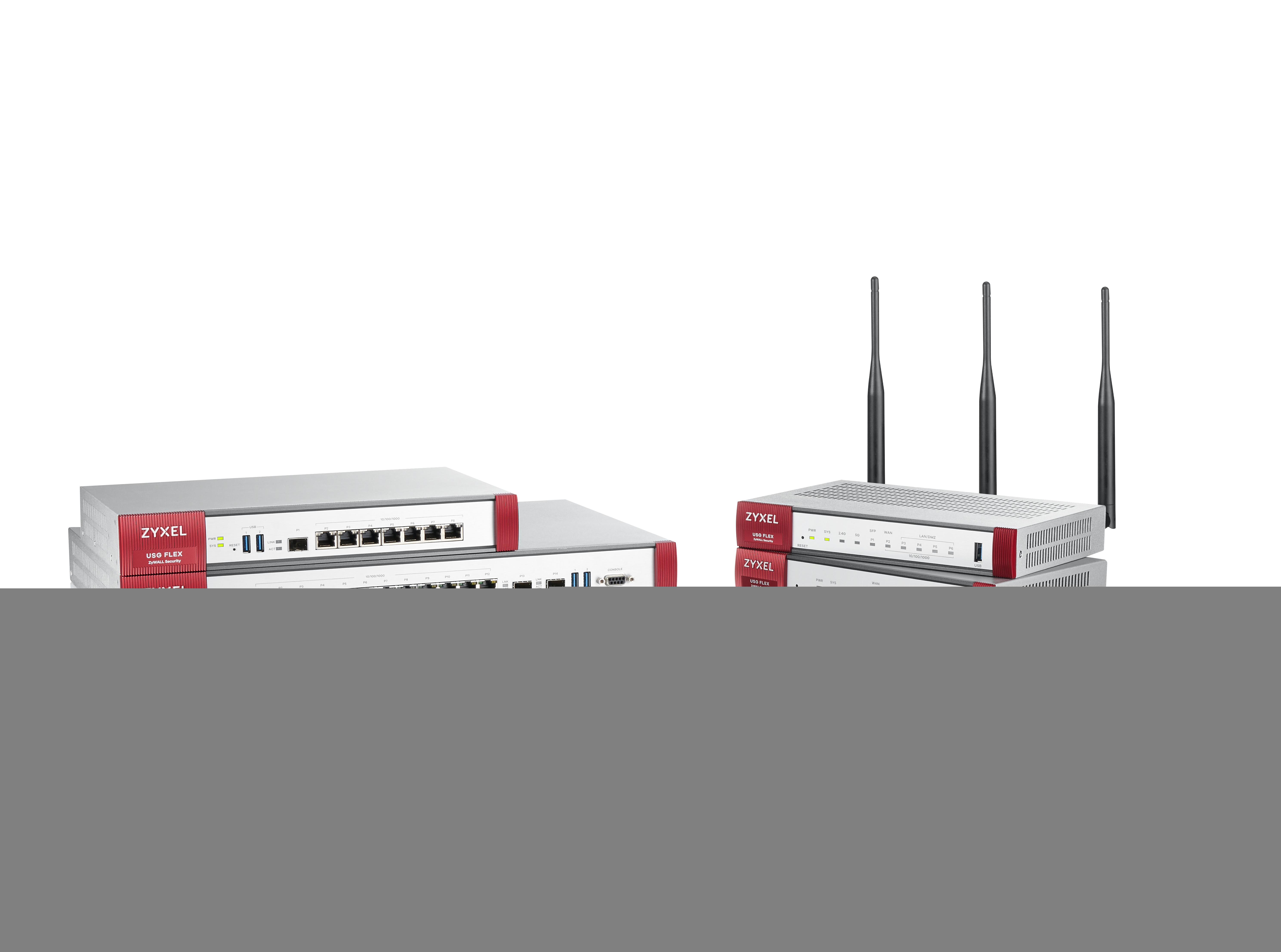 Diversi dispositivi di sicurezza Zyxel USG FLEX, bianchi e grigi con dettagli rossi, varie configurazioni di antenna, su sfondo bianco.