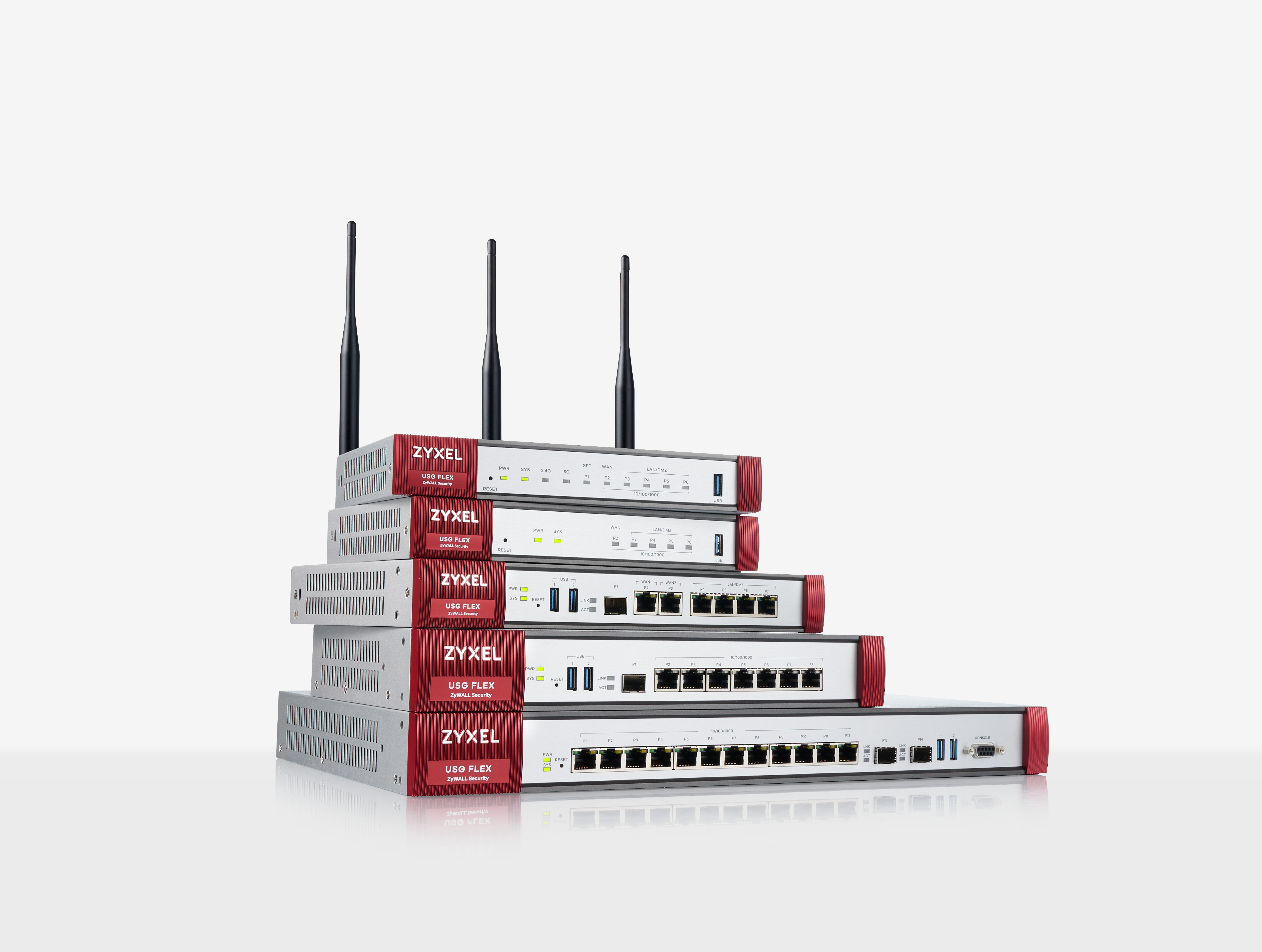 Diversi router Zyxel USG Flex impilati. Hanno antenne, dettagli rossi e varie porte. Sfondo bianco.