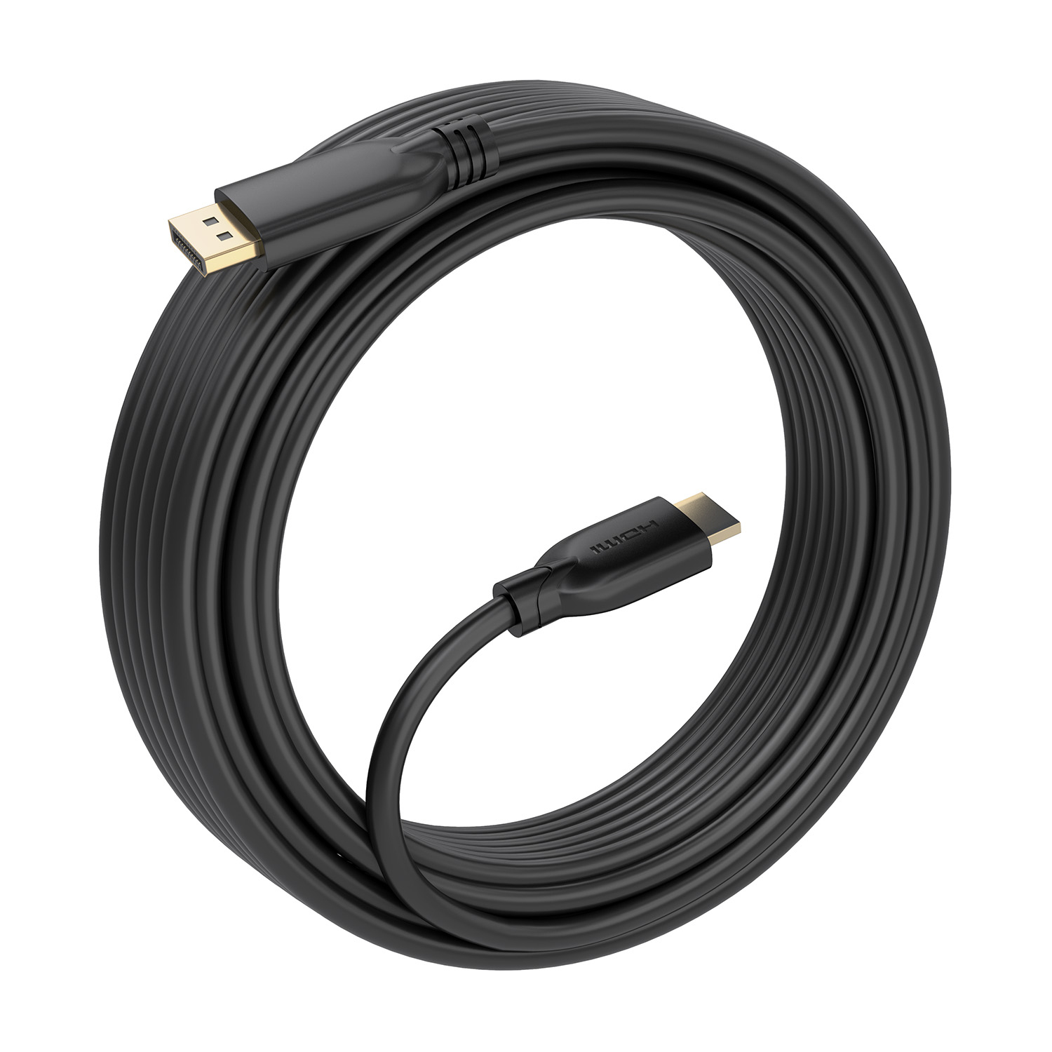 Un cable HDMI negro enrollado en forma circular. Dos conectores dorados en los extremos. El fondo es blanco.