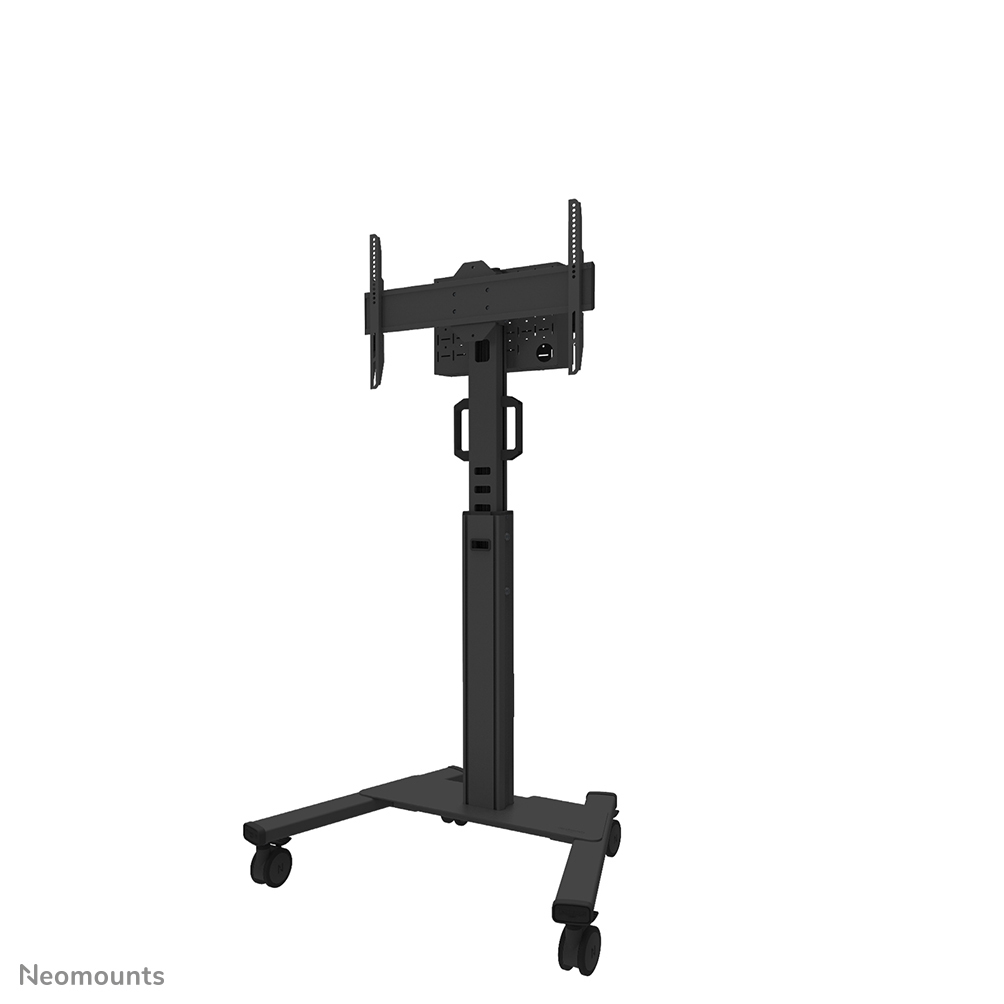 Un supporto TV nero con ruote. Ha un palo verticale con altezza regolabile, una barra orizzontale per la TV e una base con ruote.