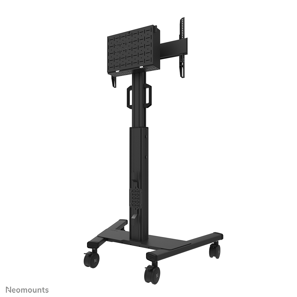 Un supporto TV nero su ruote. Ha una base rettangolare, un palo centrale e una staffa per un TV. Il supporto è su sfondo bianco.