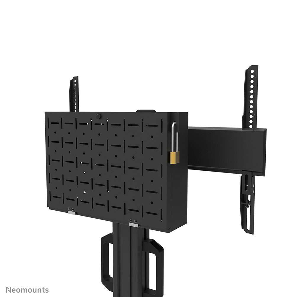Supporto TV in metallo nero con pannello frontale perforato. Un lucchetto dorato protegge il supporto. Il supporto è su sfondo bianco.