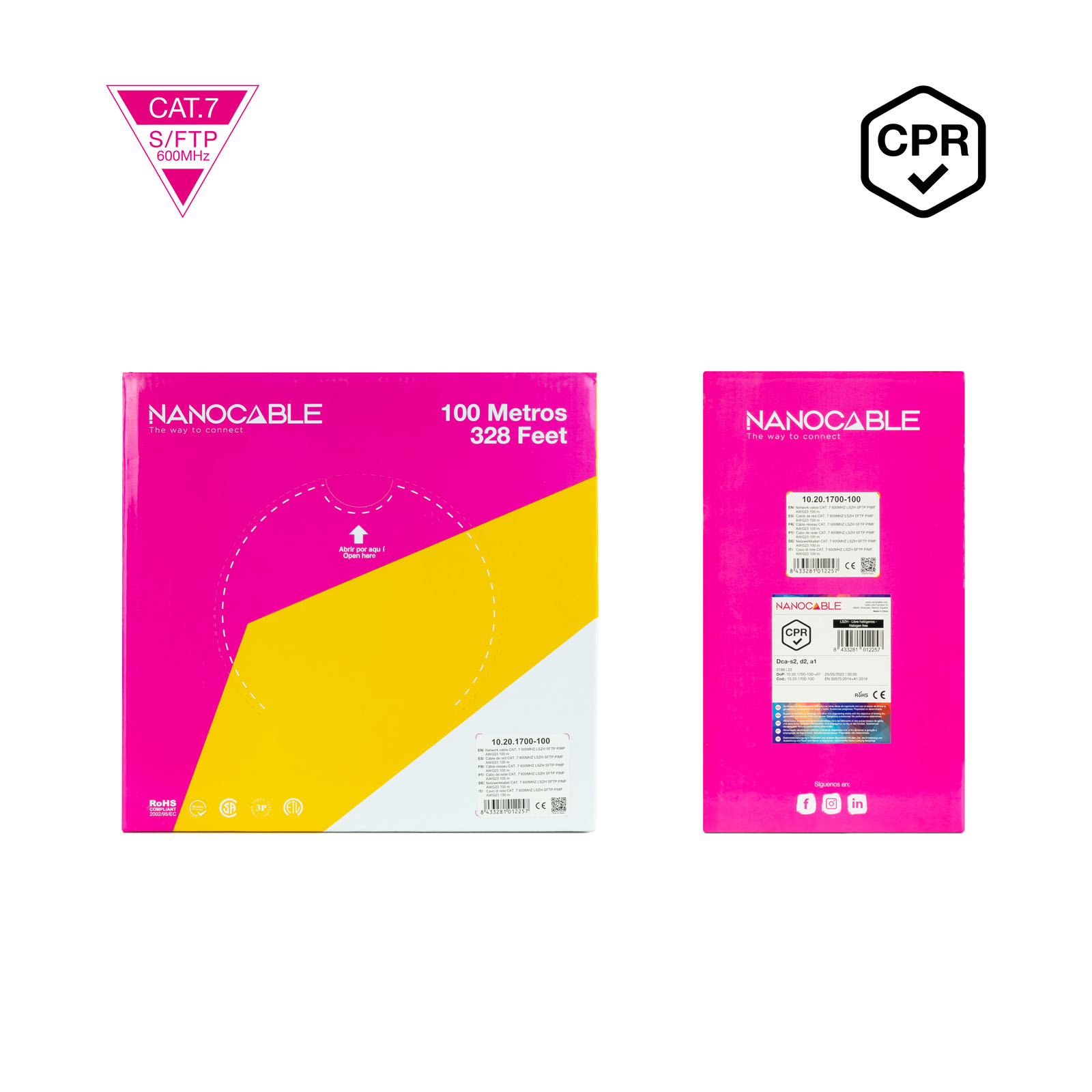 Imagen muestra dos cajas rosas NANOCABLE, especificaciones del cable y un logotipo CPR. Una caja tiene una flecha de abrir aquí.