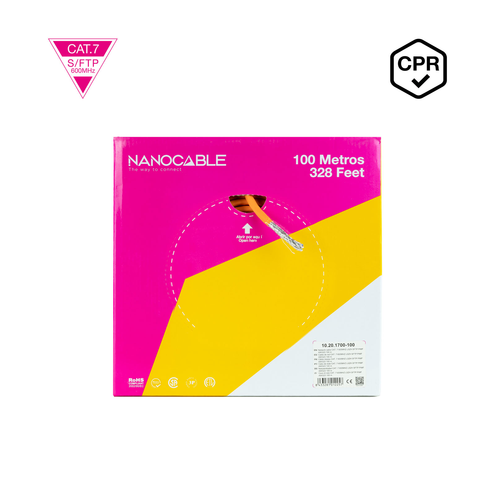 Caja de cable NANOCABLE CAT.7. Diseño rosa y amarillo con texto y un rollo de cable dentro. Logotipo CPR arriba a la derecha.