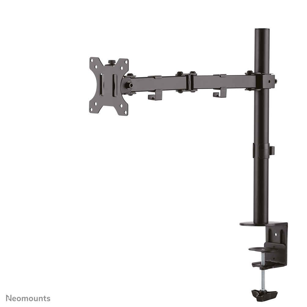 A black monitor arm, with a clamp base, a vertical pole, and an adjustable horizontal arm. The monitor mount is on the left.