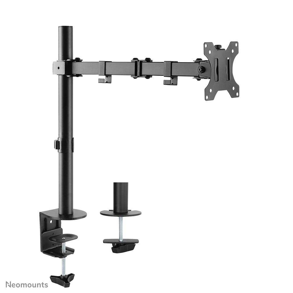 Black monitor arm with multiple joints and a desk clamp. The arm is designed to hold a computer monitor. White background.