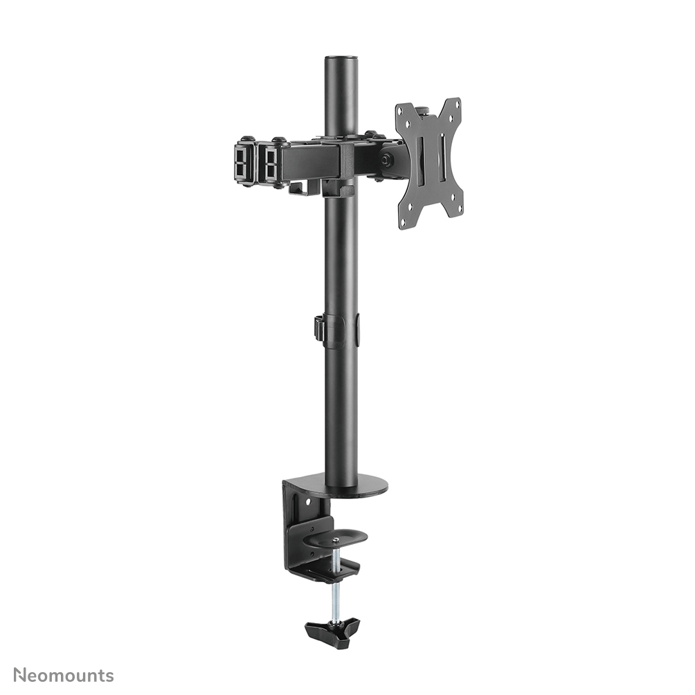 A black monitor stand with a clamp base, adjustable arm, and VESA mount for a screen. The stand is on a white background.