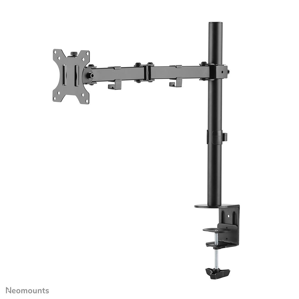 A black monitor arm. It has a bracket, adjustable arms, a vertical pole, and a desk clamp.