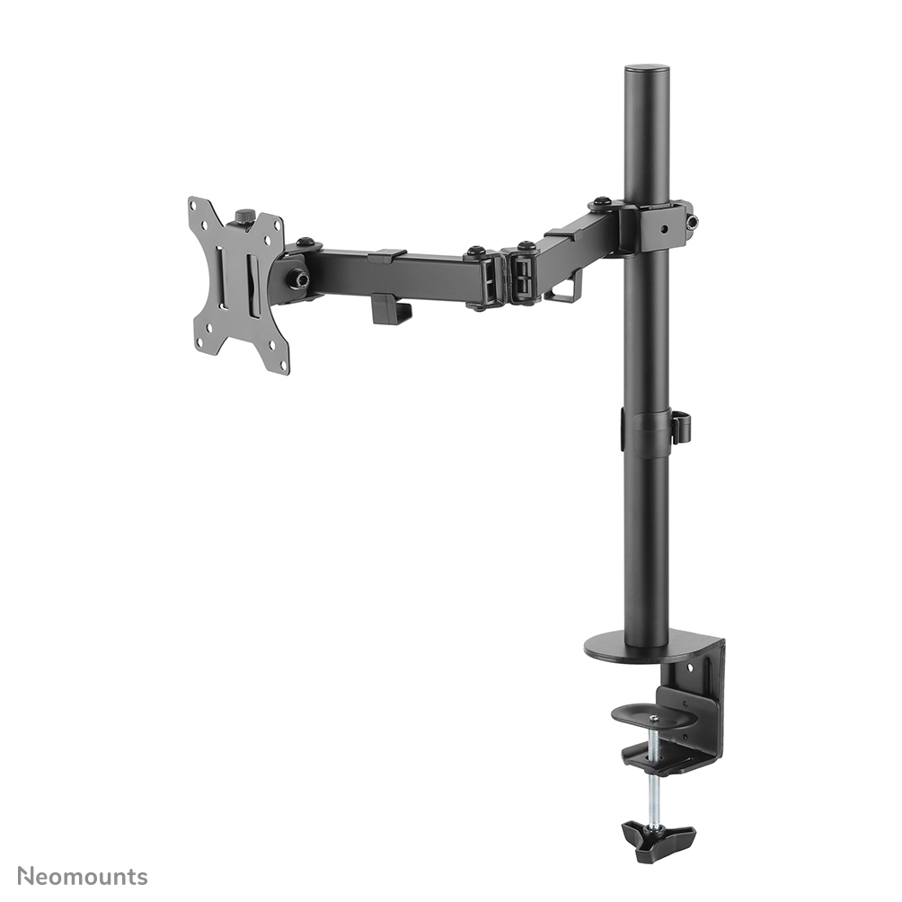 Black monitor arm with adjustable joints and clamp base, designed for desk mounting.