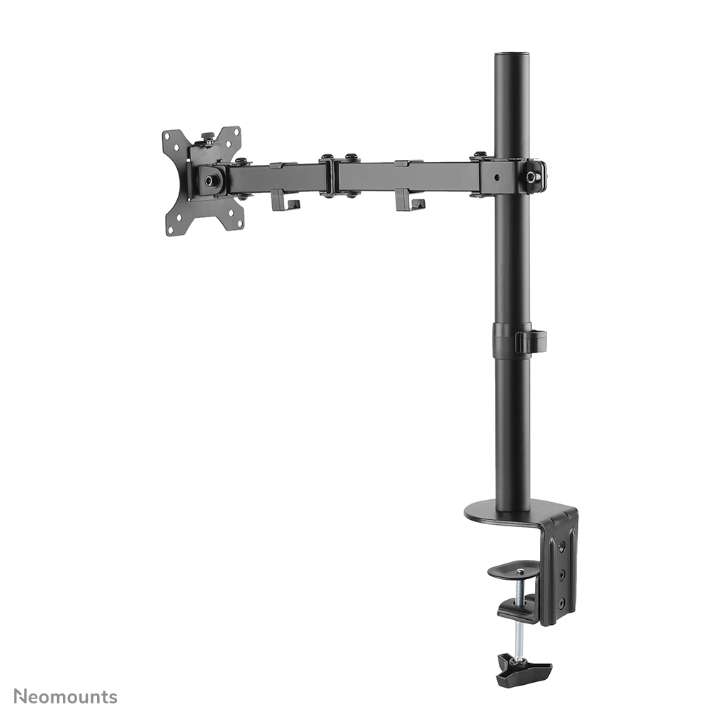 A black monitor arm. It has a clamp, an adjustable arm, and a vertical pole for desk mounting.