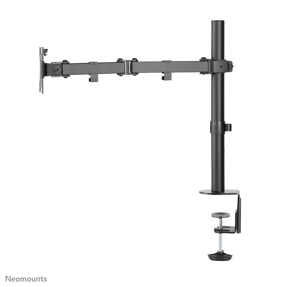A black monitor arm is shown, with a desk clamp. It has several joints and can hold a monitor.