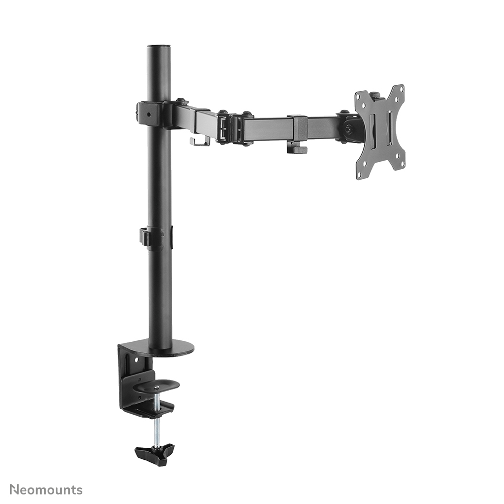 A black monitor arm. It has a vertical pole with an adjustable arm and a bracket to hold a monitor. A clamp attaches to a desk.