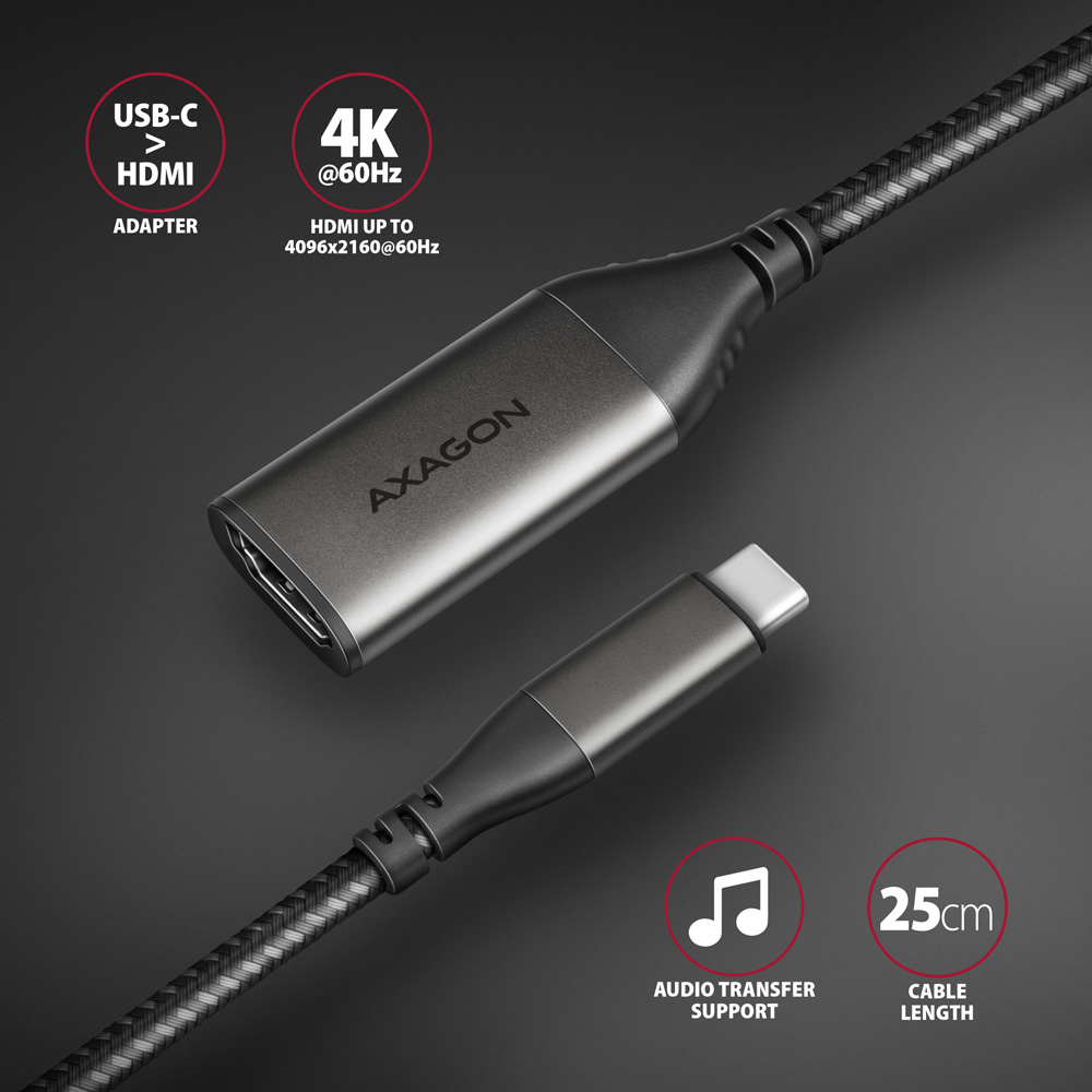 Kabel adaptera Axagon USB-C do HDMI. Cechy: 4K@60Hz, obsługa przesyłania dźwięku i długość kabla 25 cm.