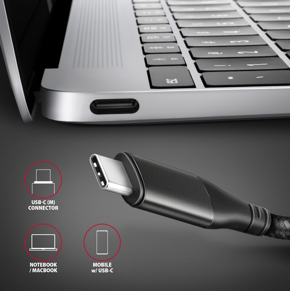 Laptop z portem USB-C, czarny kabel USB-C oraz ikony ilustrujące złącza USB-C, notebooki i telefony komórkowe z USB-C.