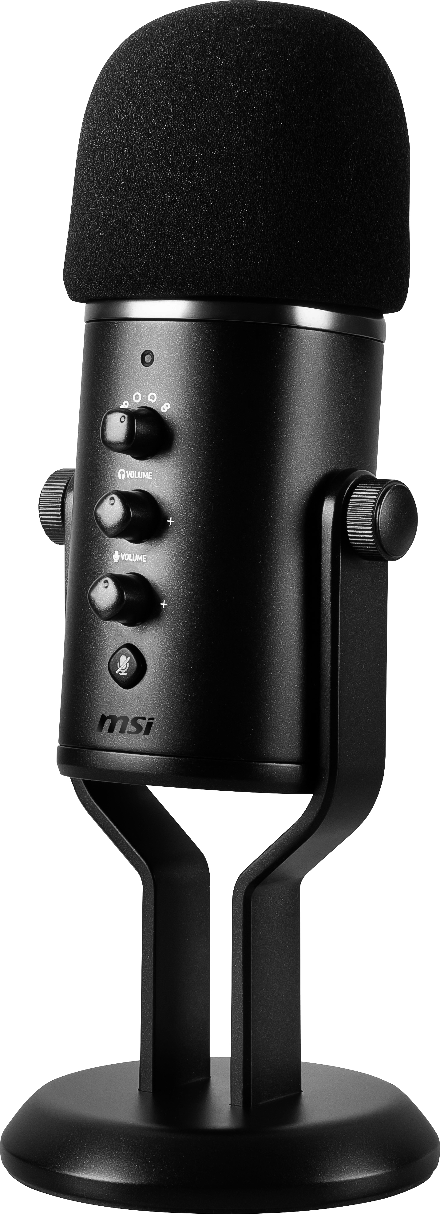 Ein schwarzes MSI-Mikrofon mit Schaumstoff-Windschutz. Es steht auf einem Sockel mit Lautstärkereglern und einer Stummschalttaste.