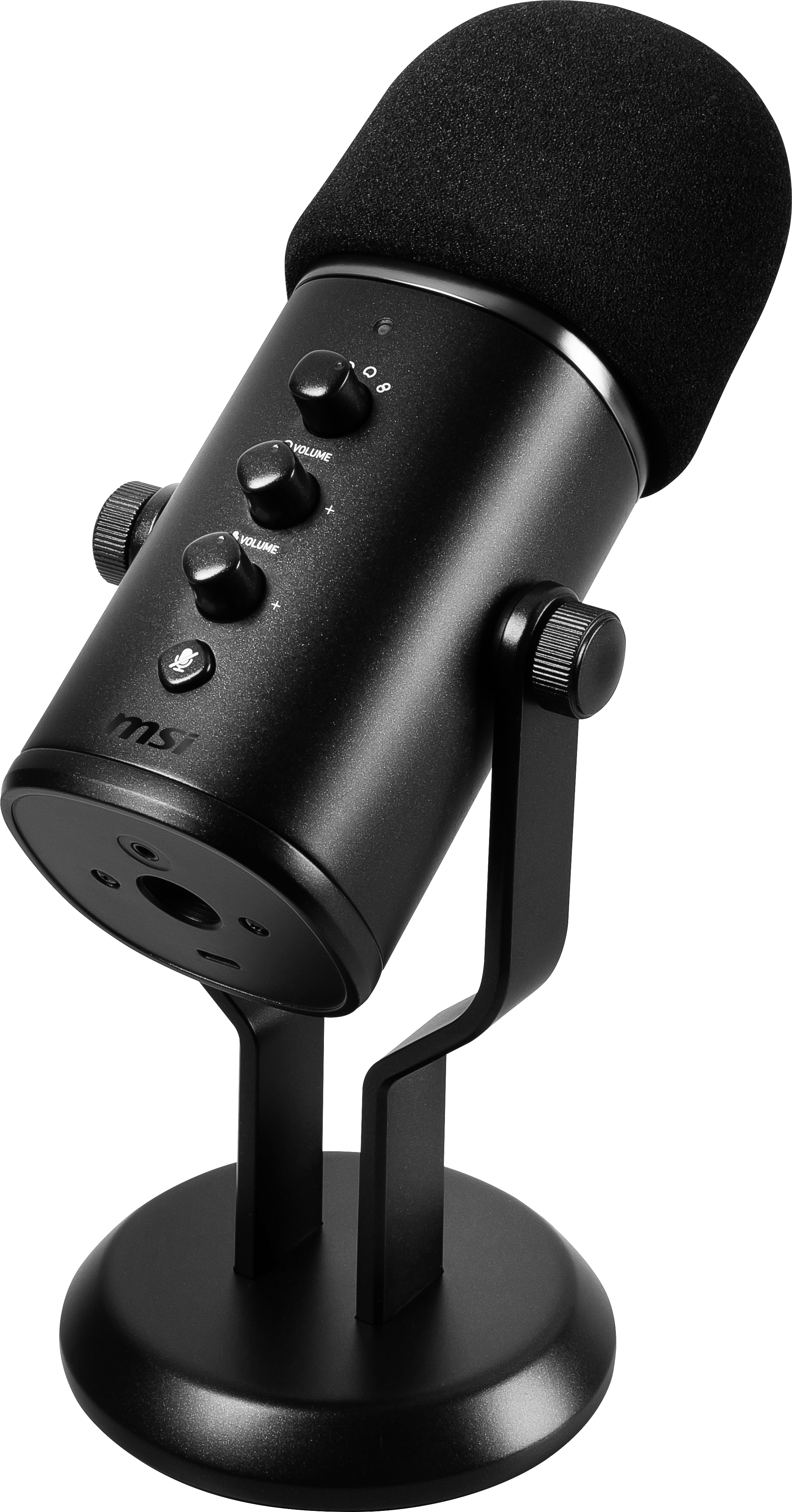 Schwarzes MSI USB-Mikrofon mit schwarzem Schaumstoffbezug. Es hat Lautstärkeregler und steht auf einem schwarzen Sockel.