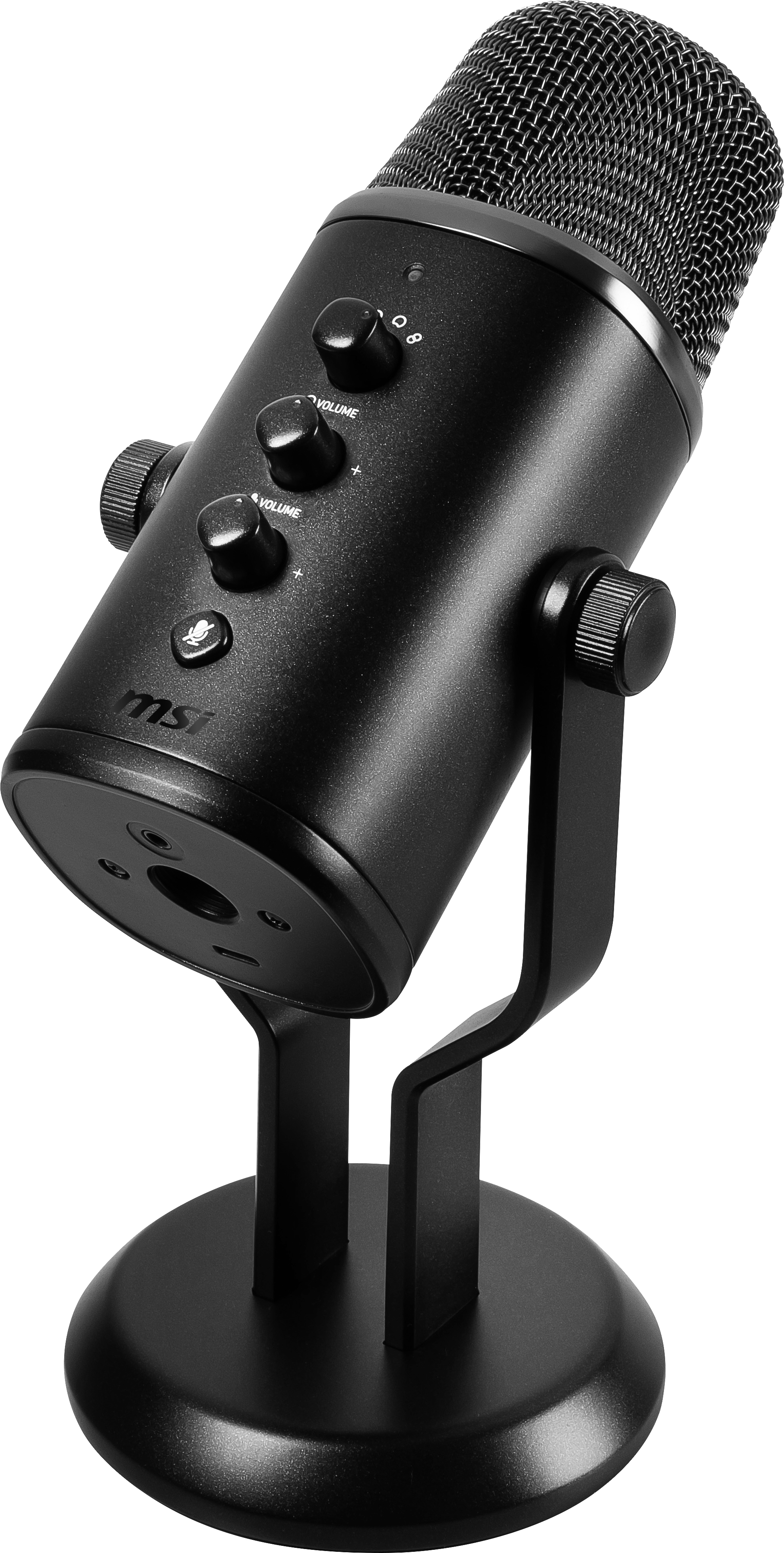 Ein schwarzes MSI USB-Mikrofon. Es hat Lautstärkeregler, eine Stummschalttaste und eine Mesh-Oberseite. Es steht auf einem Ständer.