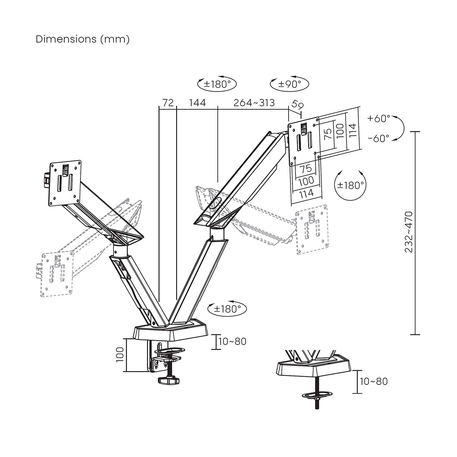 Diagrama de un brazo de monitor con dimensiones en mm. Muestra ángulos y medidas para instalación y ajuste.