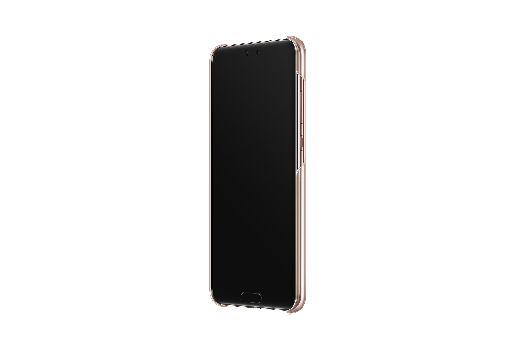 Ein Smartphone in einer roségoldenen Hülle. Der Bildschirm ist schwarz, mit einem kleinen Lautsprecher oben und einem kleinen Knopf unten.