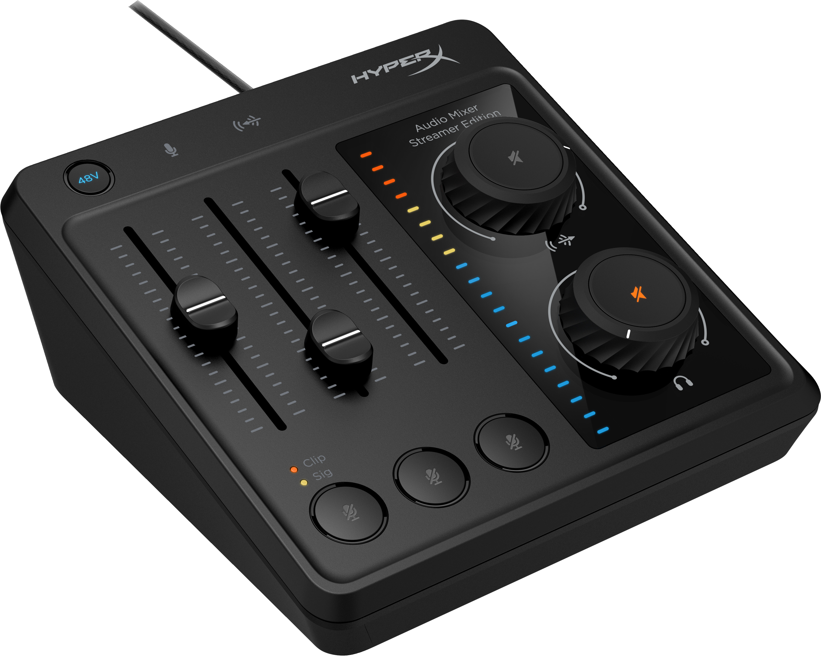 Schwarzer Audiomixer mit Schiebereglern, Knöpfen und Tasten. Er hat Lichter und ein HyperX-Logo. Ein Kabel ist angeschlossen.