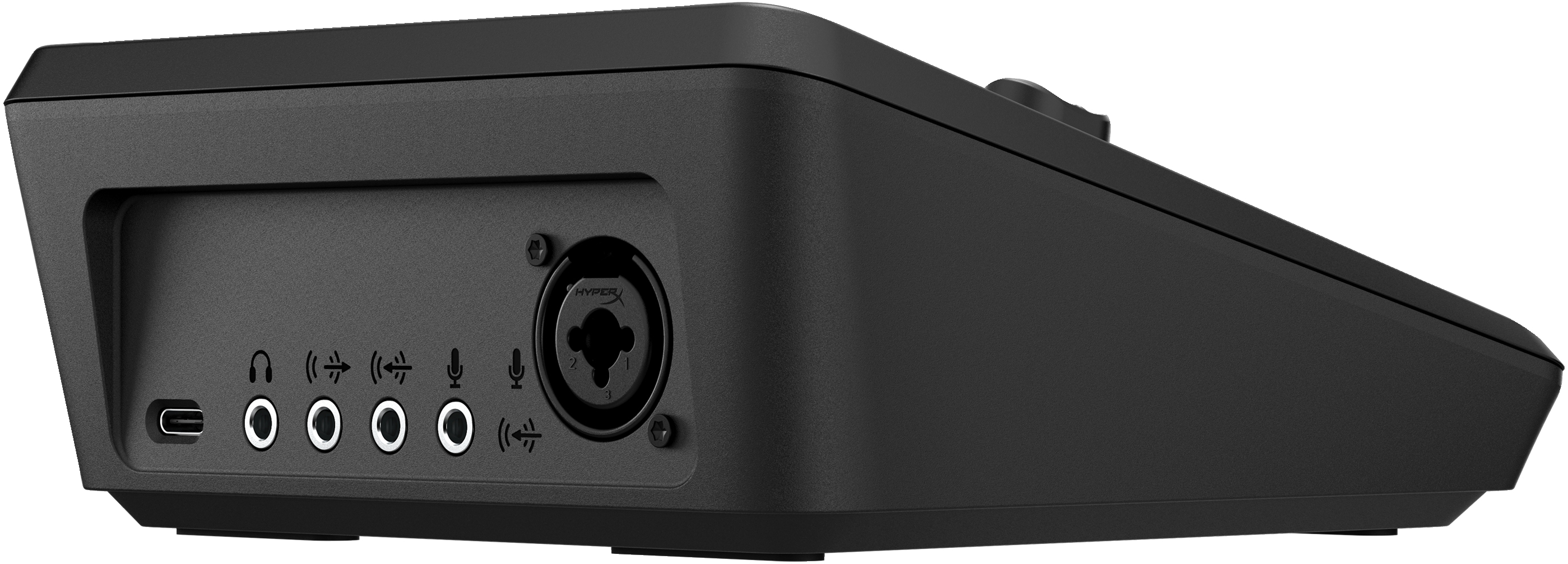 Schwarzes Audio-Interface mit verschiedenen Ein-/Ausgangsanschlüssen. Enthält Kopfhörer-, Mikrofon- und XLR-Anschluss.