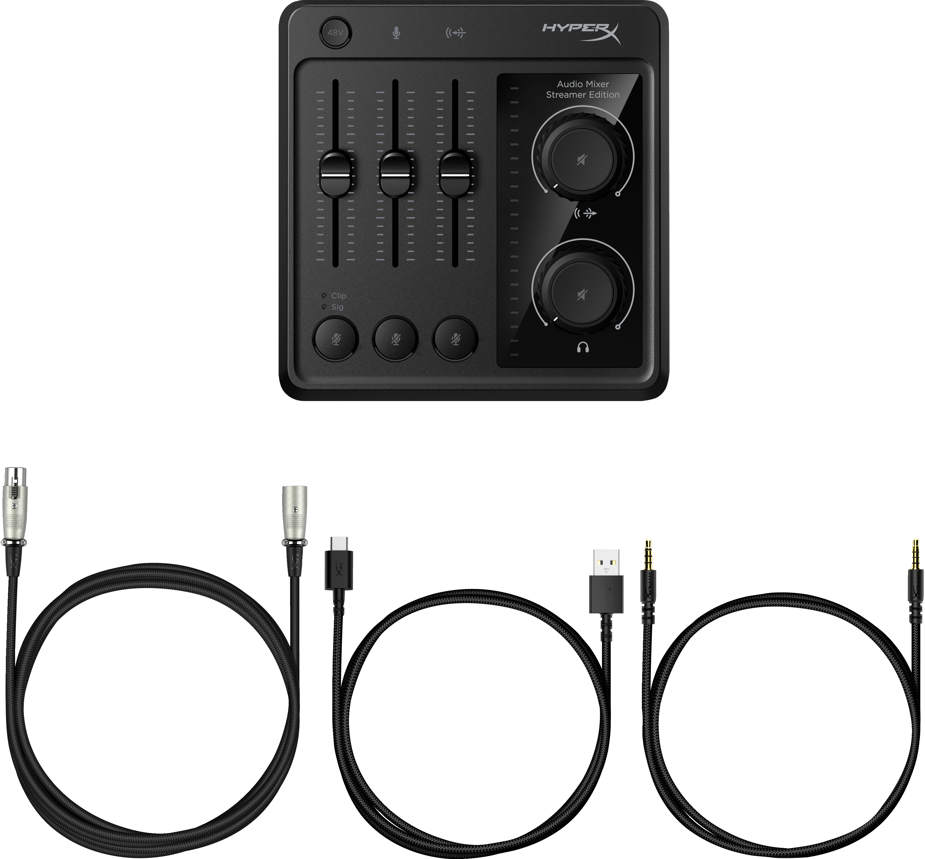 Schwarzer Audiomixer mit Fadern, Knöpfen und Kabeln. HyperX-Logo vorhanden.