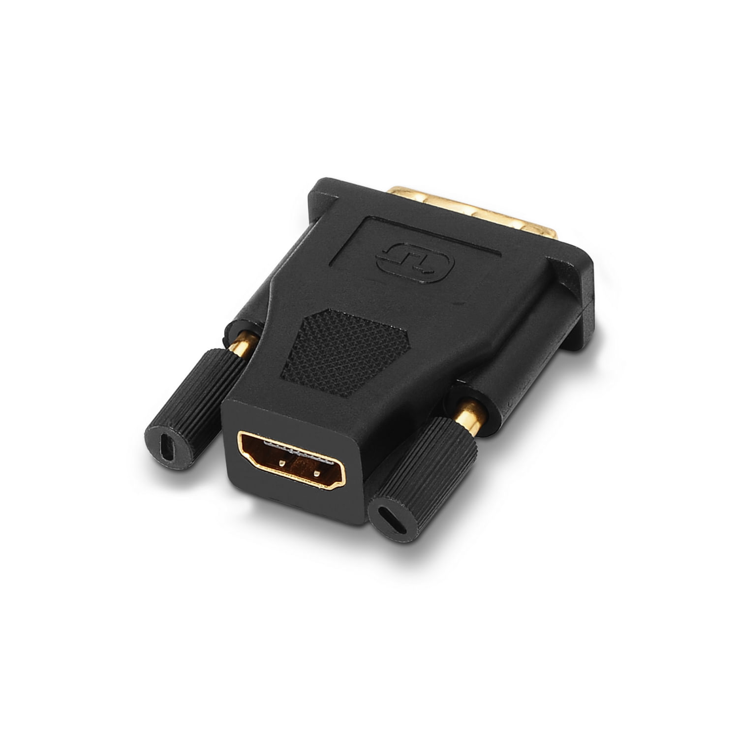 Un adaptador HDMI a DVI negro y dorado. Tiene un puerto HDMI y dos perillas de tornillo. El fondo es blanco.