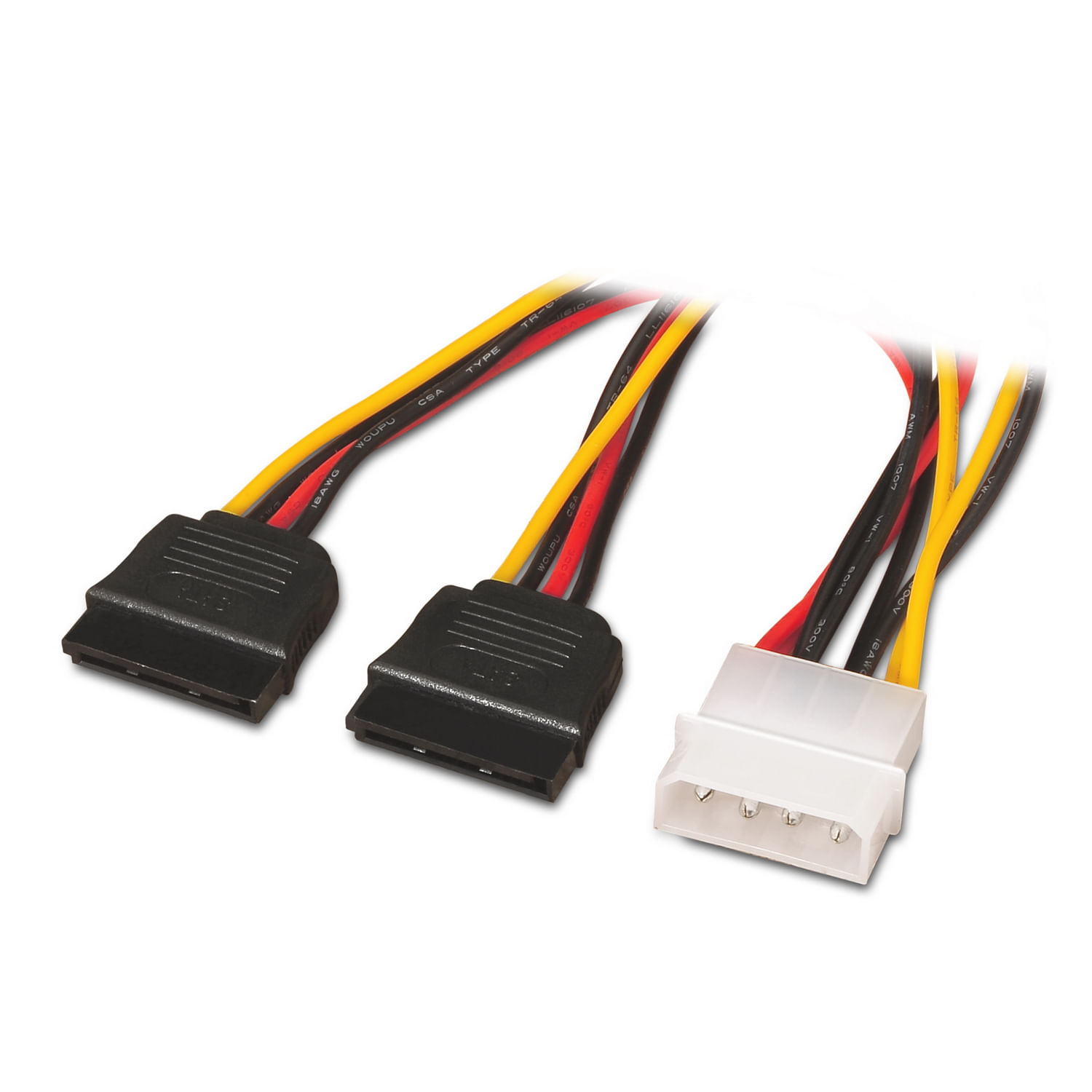 Tres cables de alimentación SATA con conectores negros y blancos, y cables rojos, amarillos y negros sobre fondo blanco.