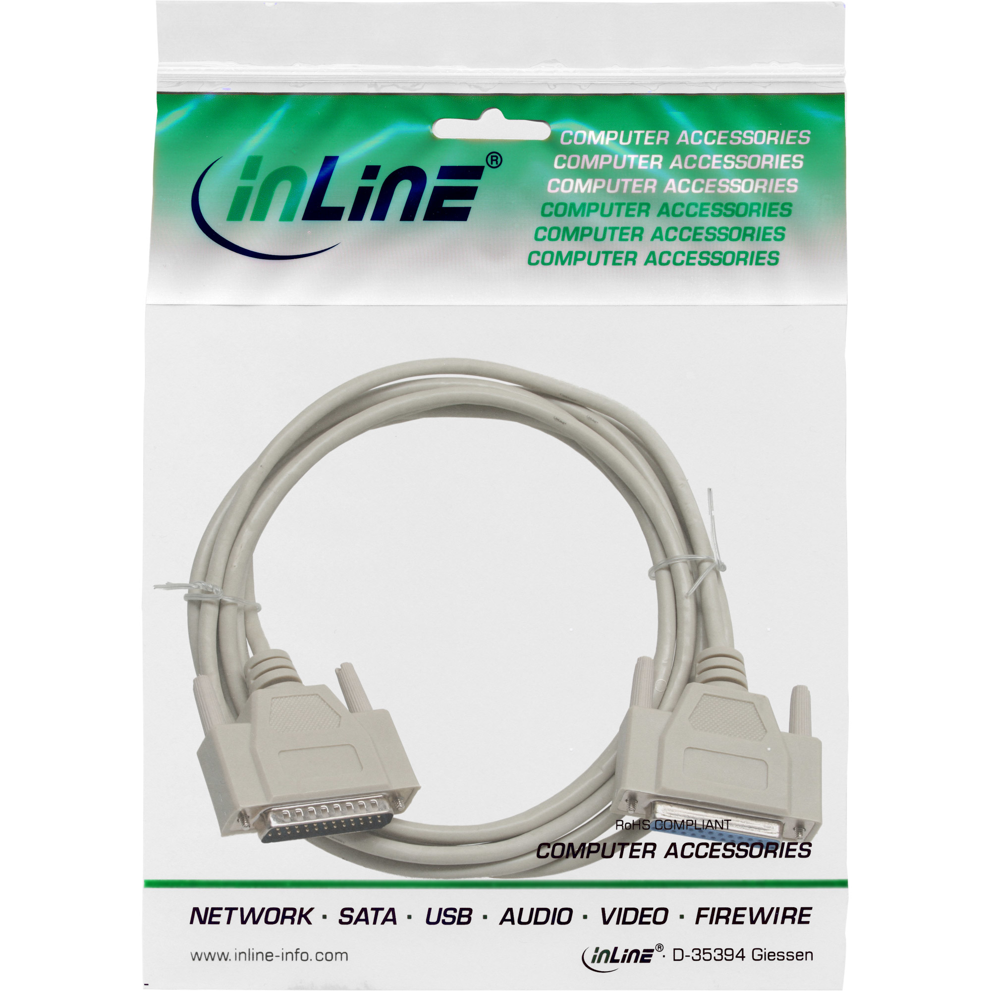Ein Computer-Kabel in der Verpackung. Die Verpackung hat Text und das Inline-Logo. Das Kabel ist grau und hat Anschlüsse an beiden Enden.