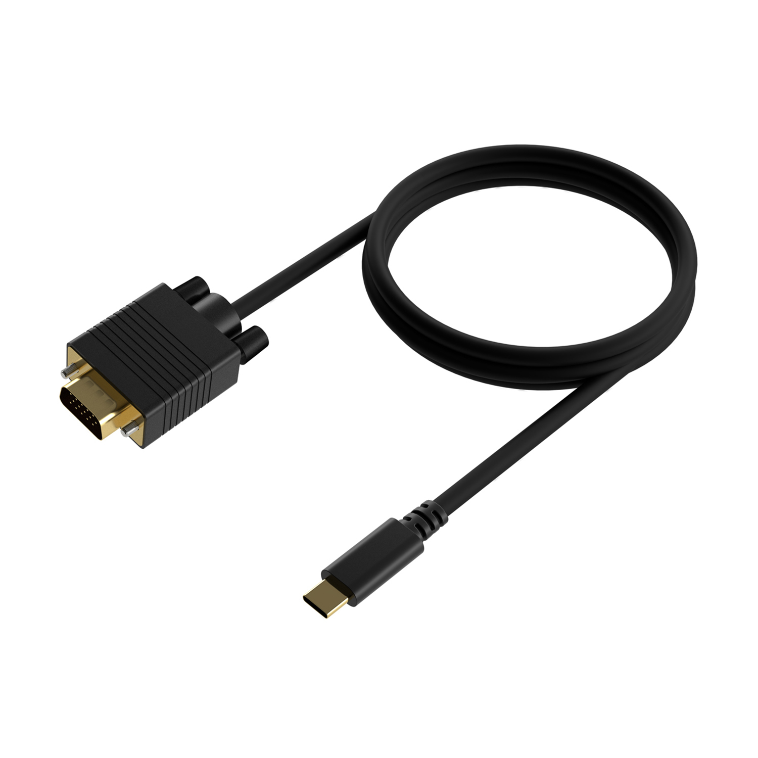 Un cable negro VGA a USB-C sobre un fondo blanco. Un extremo tiene un conector VGA, el otro un conector USB-C.