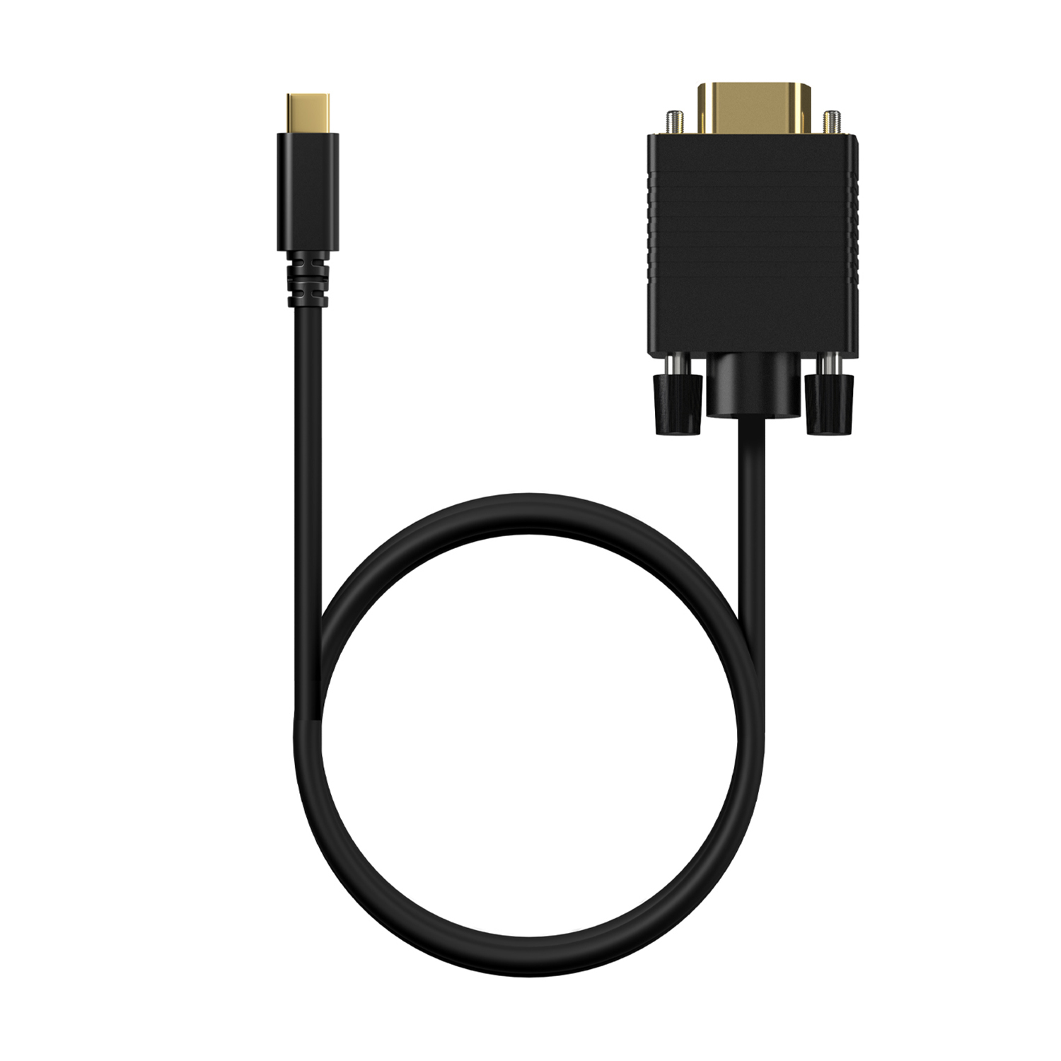 Un cable adaptador negro con un conector USB-C en un extremo y un conector VGA en el otro, formando un bucle.