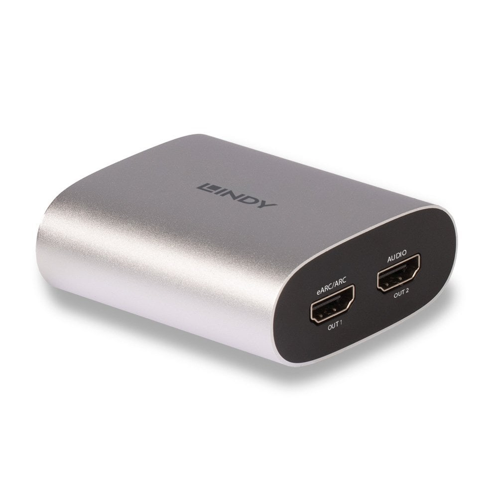 Ein silberner LINDY HDMI-Adapter mit 'eARC/ARC OUT 1', 'AUDIO OUT 2'-Anschlüssen auf weißem Hintergrund.